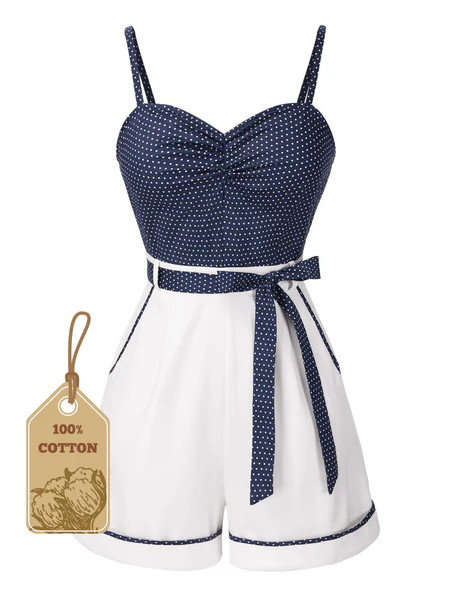 Blue 1940s Polka Dot Patchwork Suspender Romper | Retro Stage