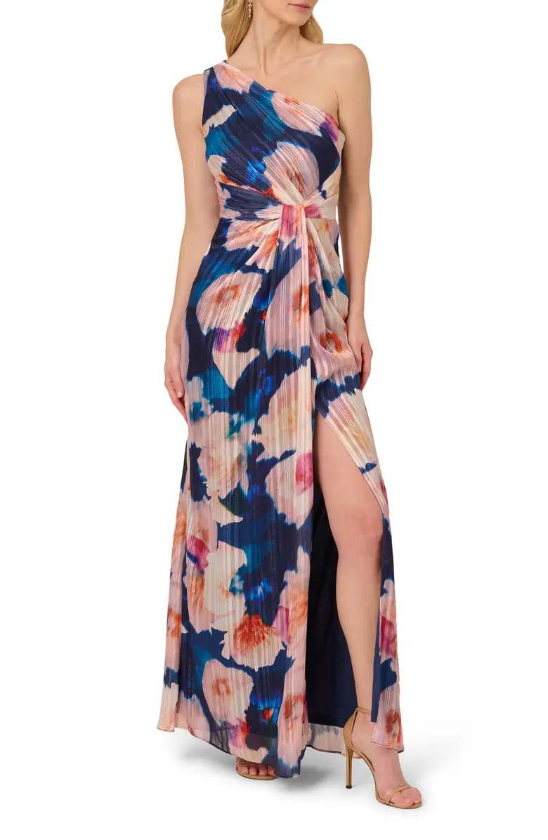 Pleated Floral One-Shoulder Chiffon Gown | Nordstrom
