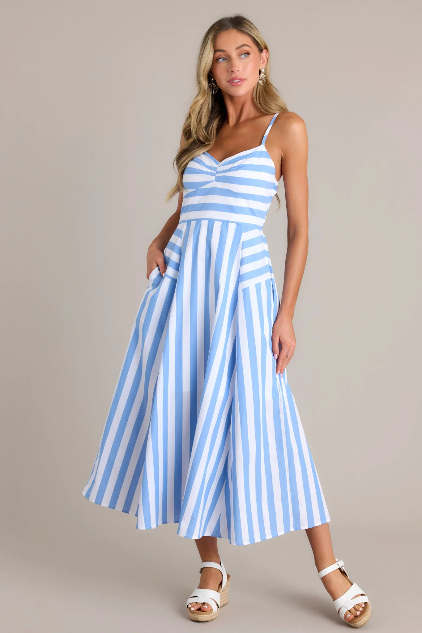 Coastal Cutie 100% Cotton Light Blue Stripe Midi Dress | Red Dress