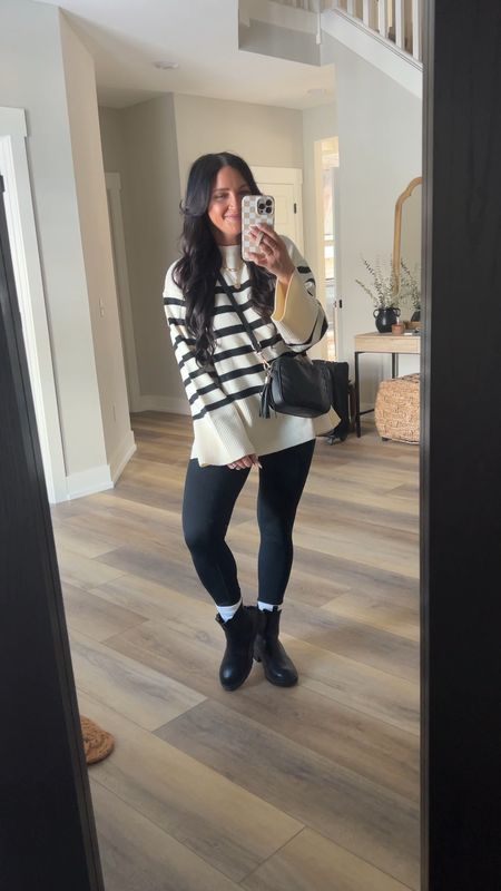 Snowy day legging outfit! All Amazon finds. Small in the oversized sweater and my absolute fave crossbody! 