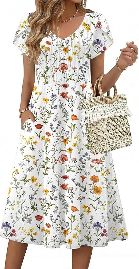 Zeagoo Womens Casual Summer Dress 2026 Short Sleeve Dresses Pleats Midi A Line Flowy Dress Boho B... | Amazon (US)