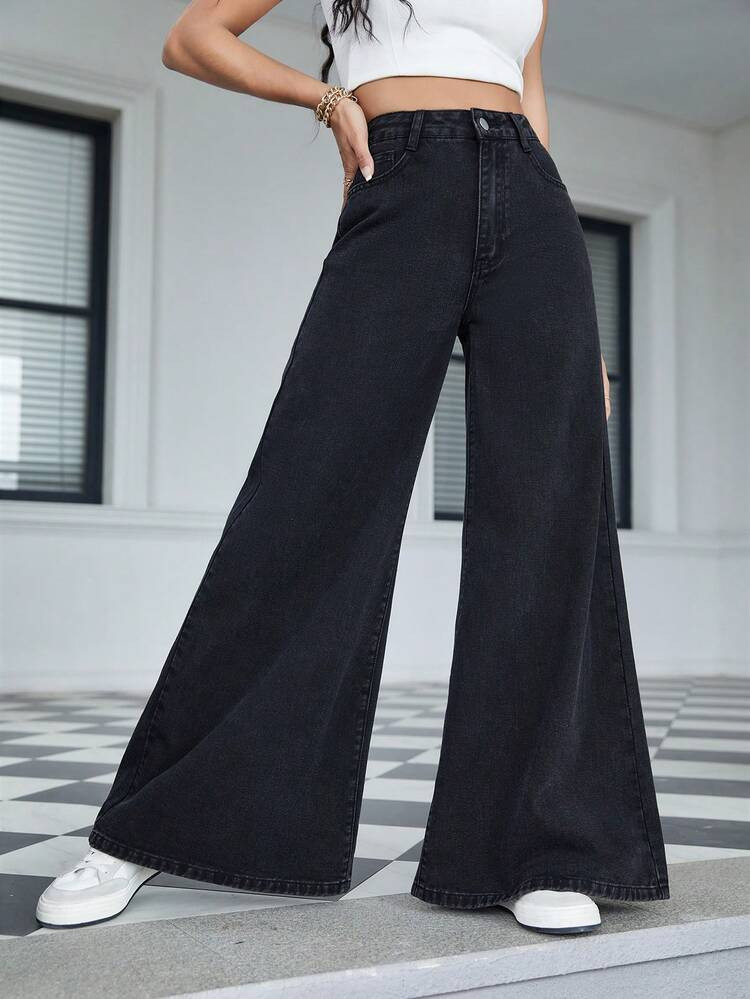 [71% Cotton] High Waist Wide Leg Jeans Casual Black Spring | SHEIN