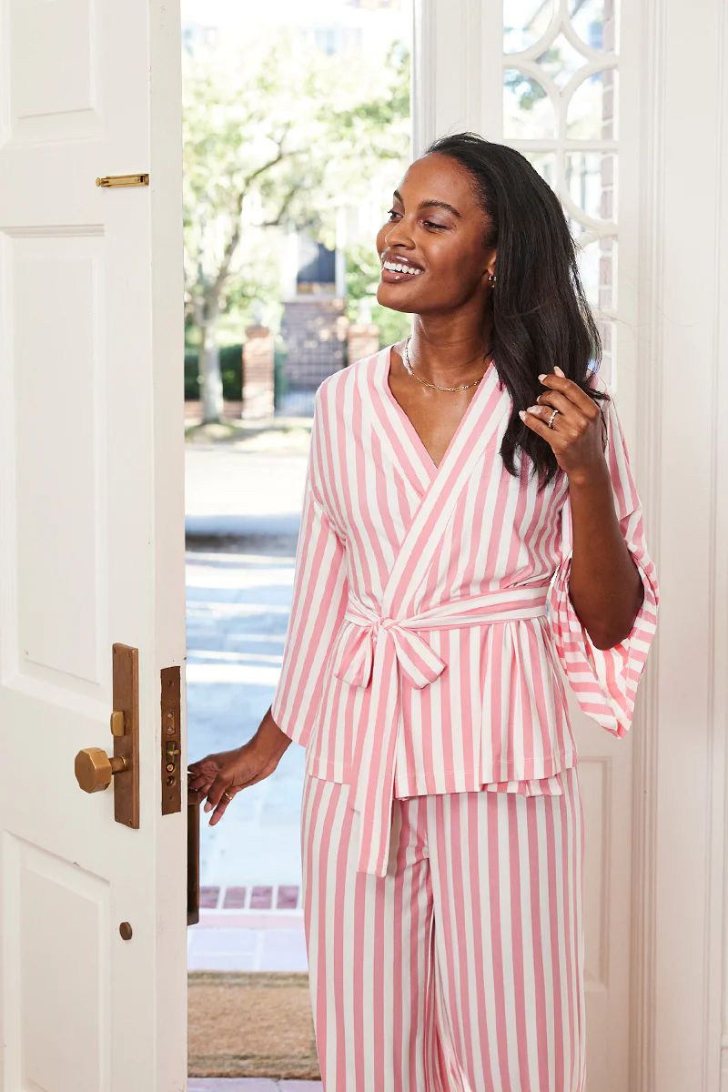 DreamKnit Kimono Pajama Set in Coral Stripe | LAKE Pajamas