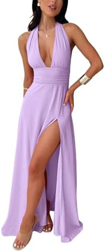Ekaliy Womens Sexy Halter Deep V Neck Maxi Dress Sleeveless Backless Split Long Dress | Amazon (US)