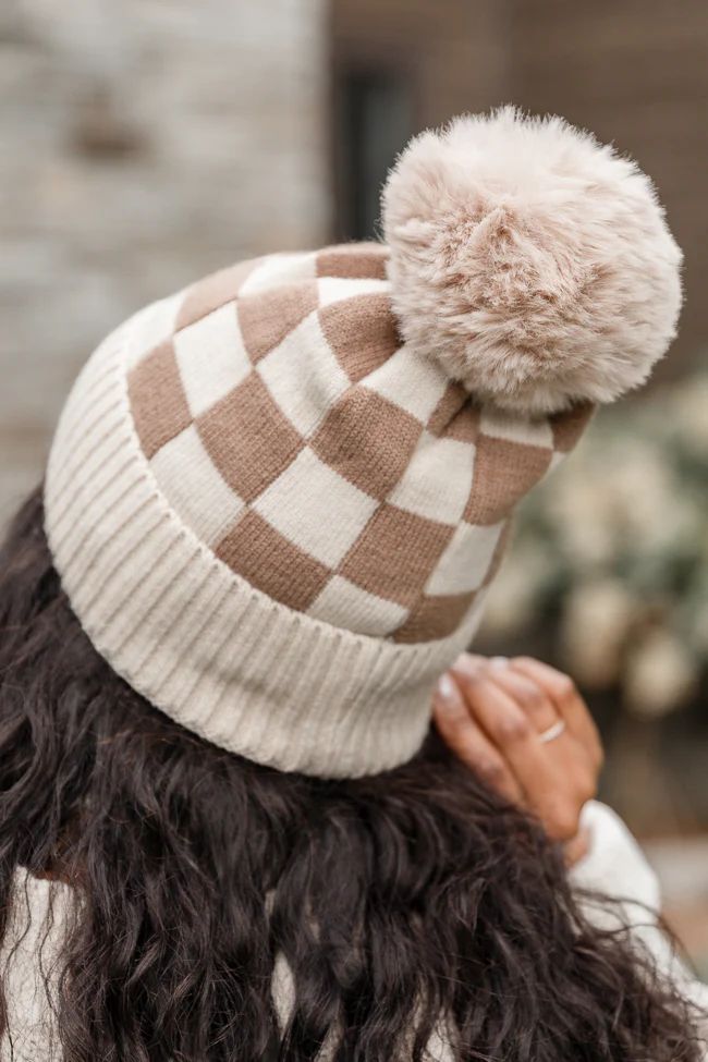 Tan and Cream Checkered Beanie | Pink Lily