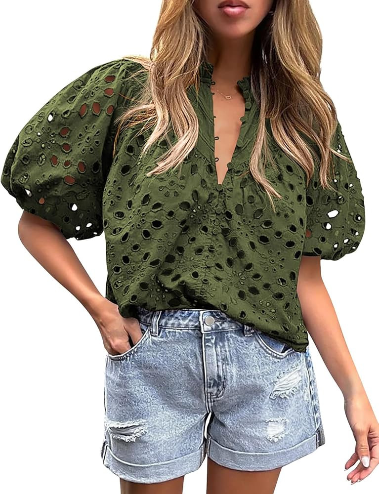 Arssm Eyelet Tops for Women Puff Sleeve Blouse V Neck Hollow Out Embroidered Buttons Up Summer Dr... | Amazon (US)