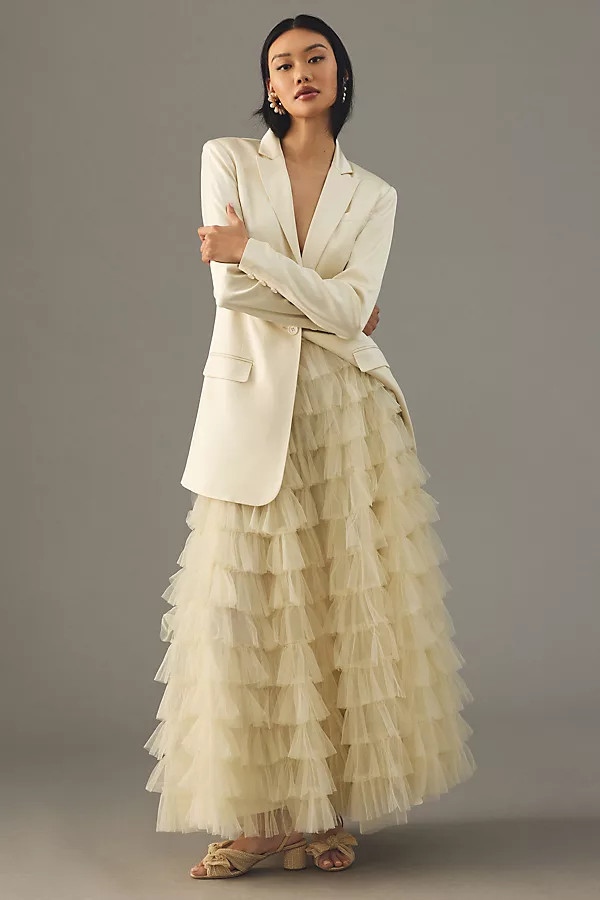 Not So Serious by Pallavi Mohan Tiered Tulle Maxi Skirt By Not So Serious by Pallavi Mohan in Beige  | Anthropologie (US)