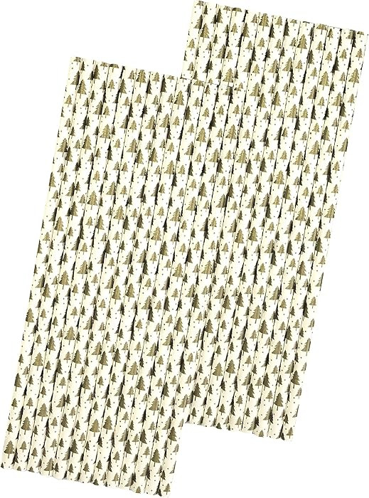 50 Christmas Paper Straws - Gold and White Christmas Tree Pattern - 50 Pack Outside the Box Paper... | Amazon (US)