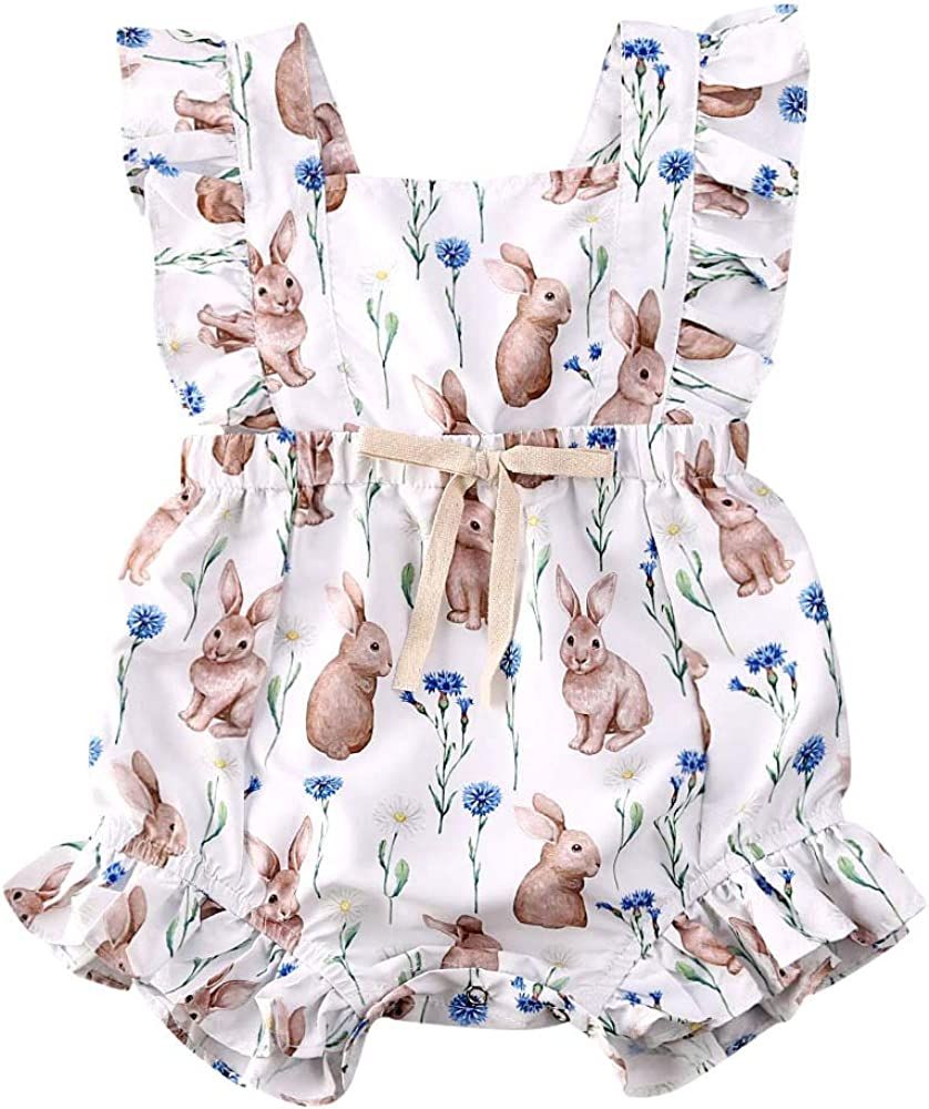 Lamuusaa Infant Baby Girls Easter Bunny Romper Ruffled Sleeveless Bodysuit One-Piece Jumpsuit Sho... | Amazon (US)