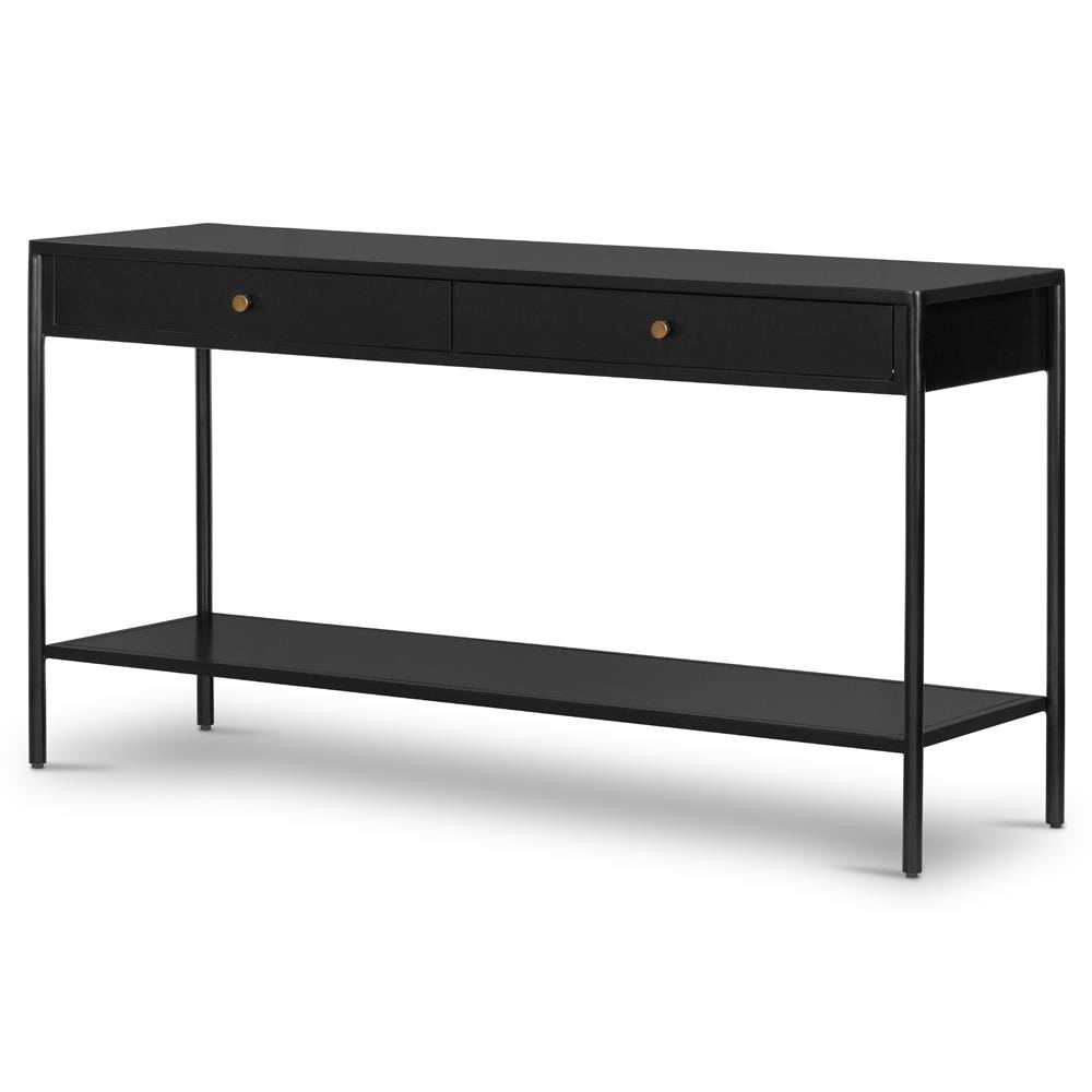 Sutton Industrial Loft Black Iron 2 Drawer Shelving Console Table | Kathy Kuo Home