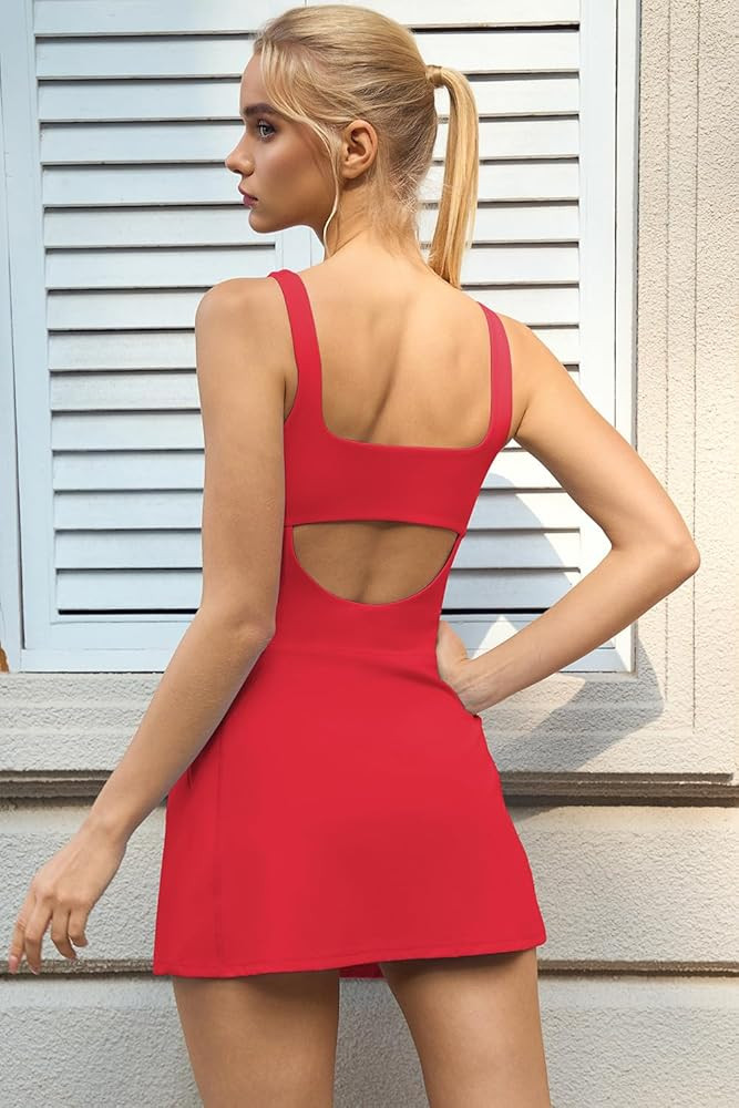 QINSEN Women's Tennis Dress Square Neck Low Back Cutout Workout Dress Built in Shorts Side Slit G... | Amazon (US)