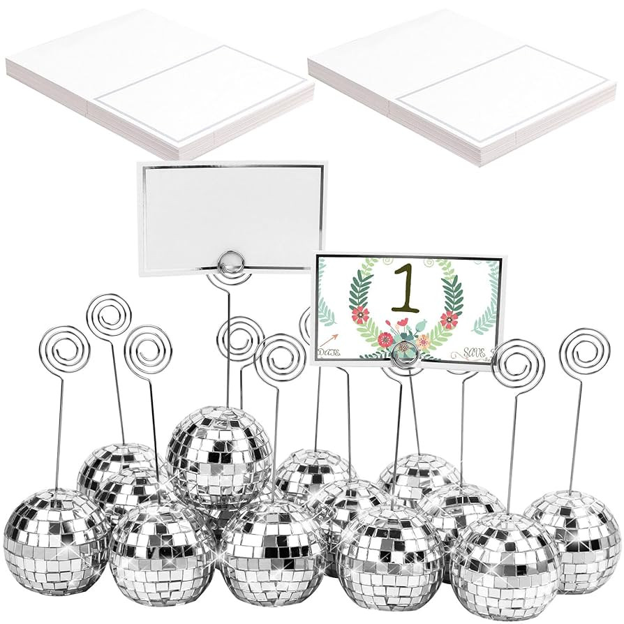 75 Pcs Disco Ball Table Number Holders, Mirror Ball Place Card Holder with Swirl Wire and Place C... | Amazon (US)