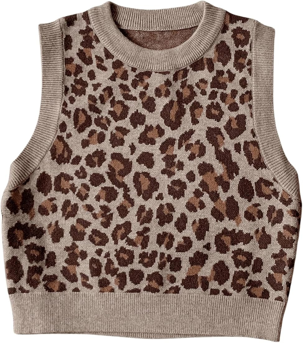 Women's Leopard Print Sweater Vest Round Neck Sleeveless Knitted Cheetah Pullover Top | Amazon (US)