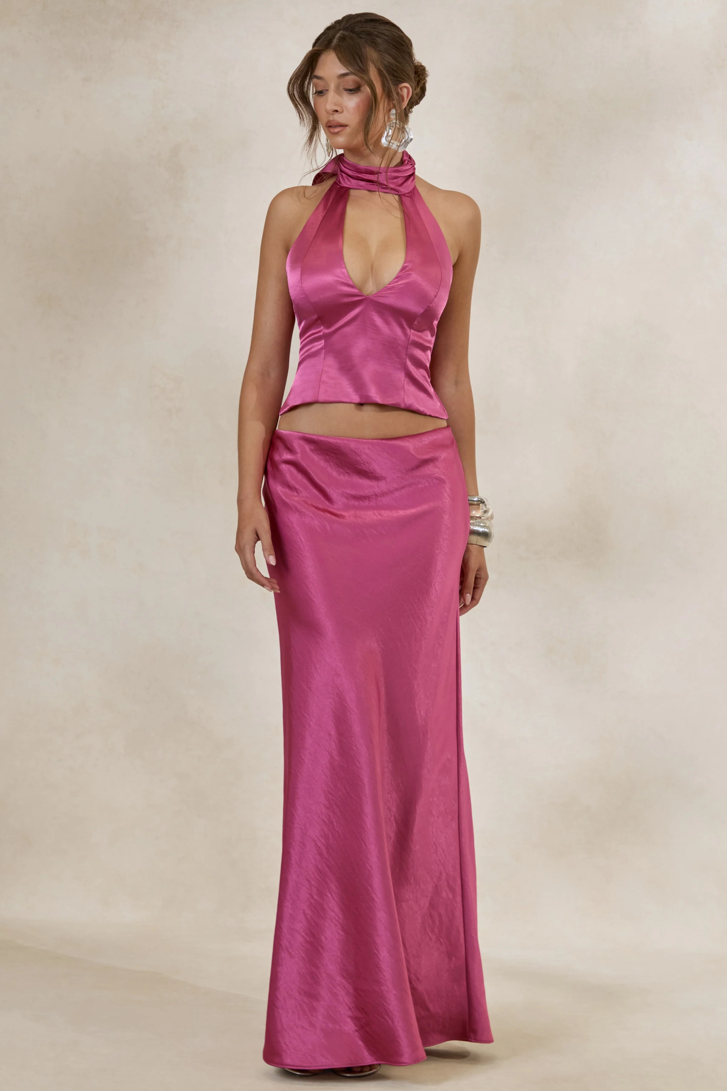 Lareina | Hot Pink Satin Maxi Skirt | Club L London