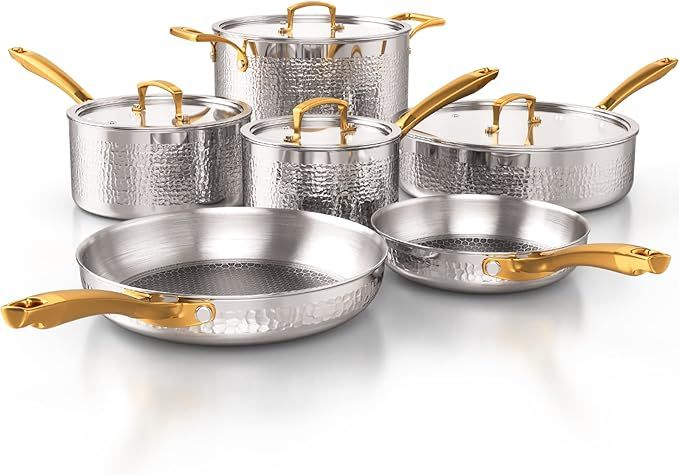 Pots and Pans Set, Tri-Ply Stainless Steel Hammered Kitchen Cookware, Induction Compatible, Dishw... | Amazon (US)