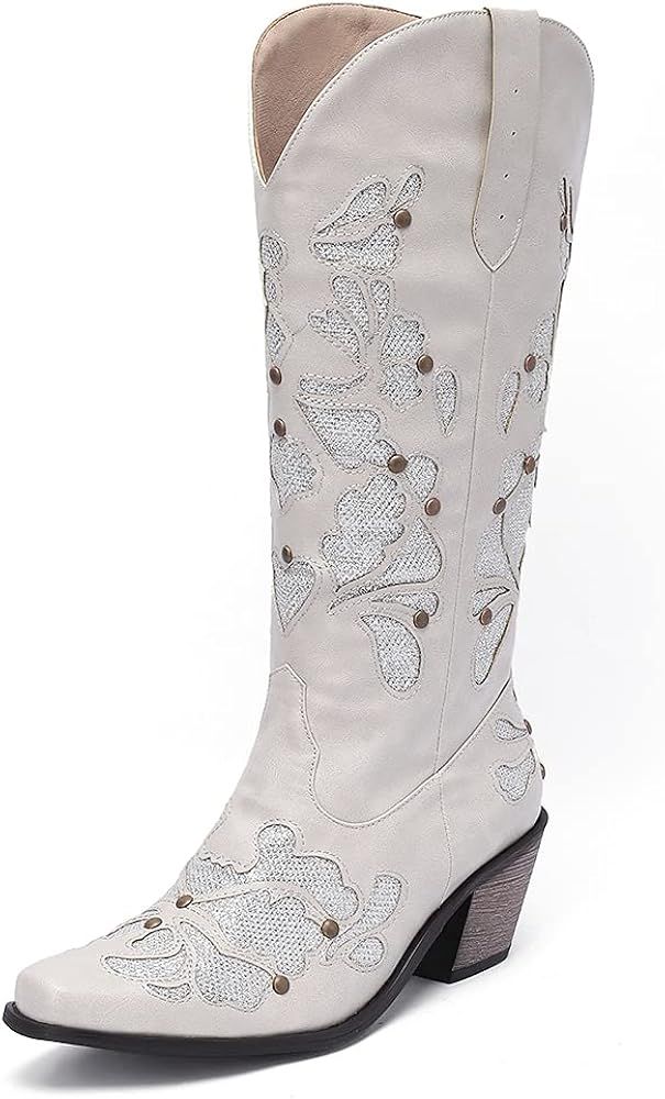 Huntarry Women's Mid Calf Cowboy Cowgirl Boots Embroidered Retro Square Toe Western Boots for Wom... | Amazon (US)