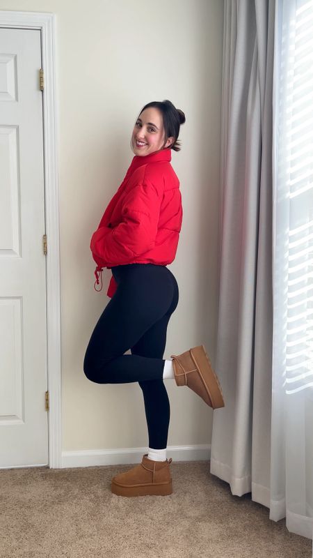 Winter casual outfit 
Platform Uggs 
Ugg inspired boots 
Slouchy socks 
Puffer jacket 
Red outfit 
Lululemon aligns 

#LTKSeasonal #LTKfindsunder100 #LTKVideo
