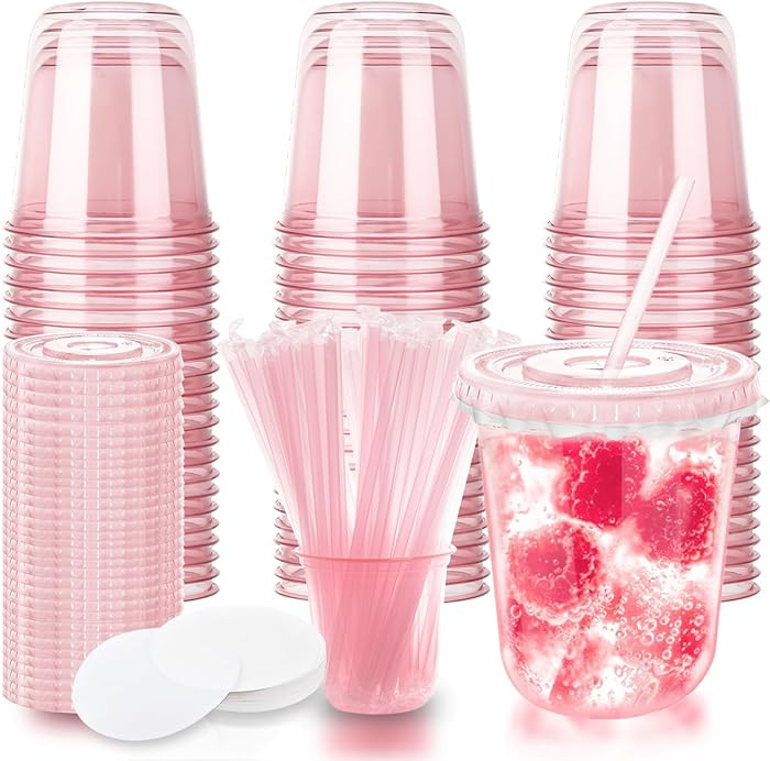 12oz Disposable Stemless Glasses with Flat Lids and Straws,PET Disposable Drinking Cups,Clear Pla... | Amazon (US)