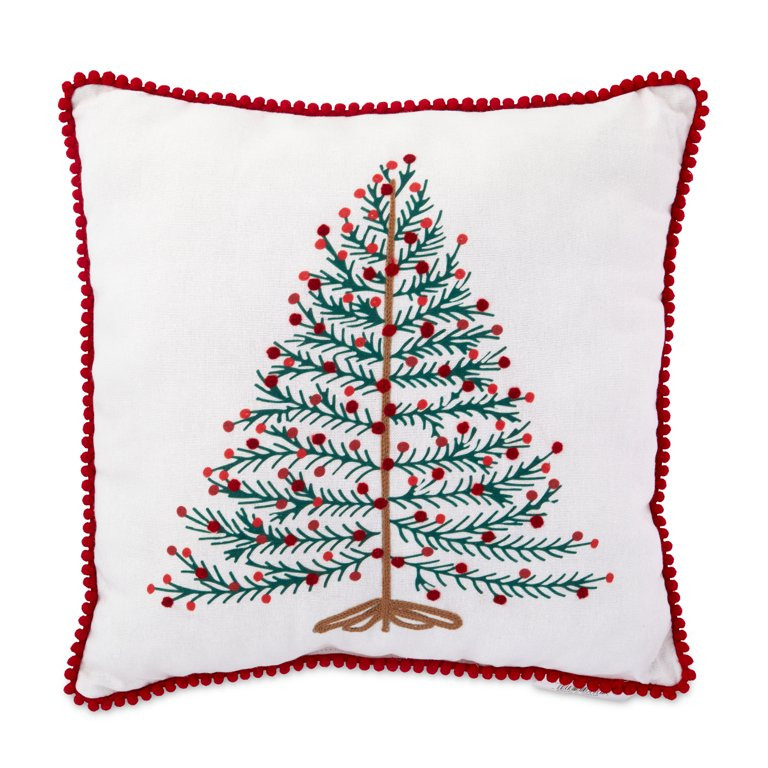 Holiday Time Tree Pom Poms Trim Christmas Decorative Pillow, 14"x14" - Walmart.com | Walmart (US)