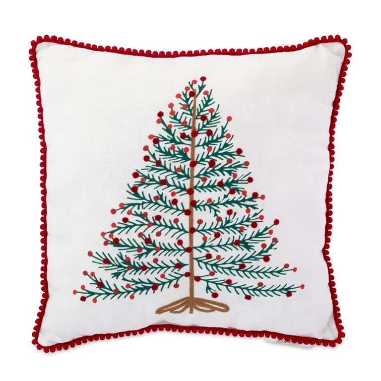 Holiday Time Tree Pom Poms Trim Christmas Decorative Pillow, 14"x14" - Walmart.com | Walmart (US)