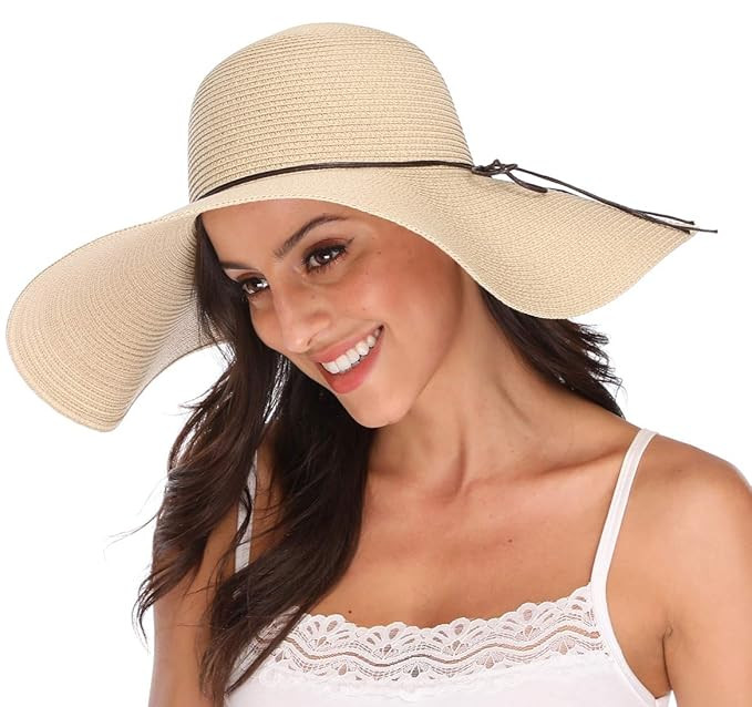 Lanzom Womens Big Bowknot Straw Hat Floppy Foldable Roll up Beach Cap Sun Hat UPF 50+ | Amazon (US)