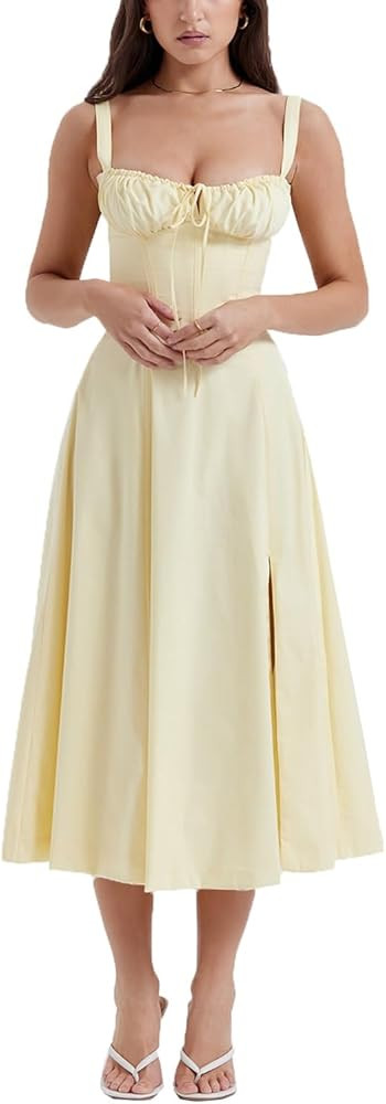 ERMODA Women's Floral Corset Midi Dress,Summer Boho Sleeveless Square Neck Flowy Print Slit Lace ... | Amazon (UK)