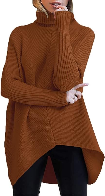 ANRABESS Womens Turtleneck Long Batwing Sleeve Asymmetric Hem Casual Pullover Sweater Knit Tops | Amazon (US)