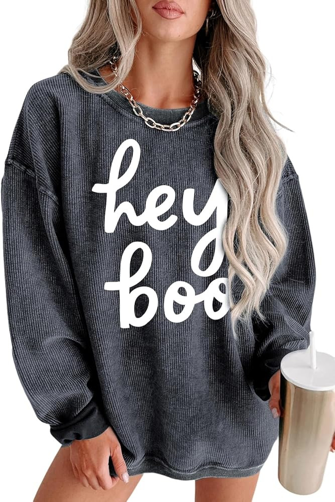 Womens Sweatshirts Pullover Tops Gray hey boo Graphic Corded Halloween Sweatshirt Casual Fall Y2K... | Amazon (US)