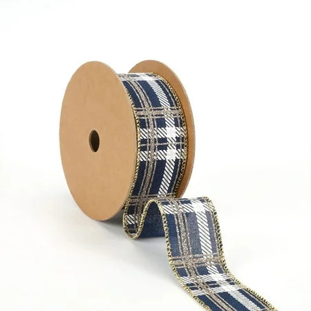 LaRibbons 1 1/2" Printed Wired Ribbon | Plaid Blue/White/Gold | 10 Yard Roll | Walmart (US)