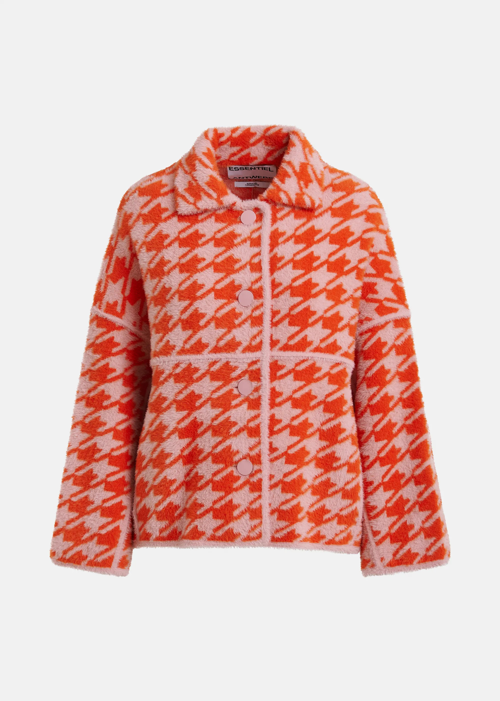 Orange and dusty pink houndstooth knit cardigan | Essentiel Antwerp United Kingdom | Essentiel Antwerp