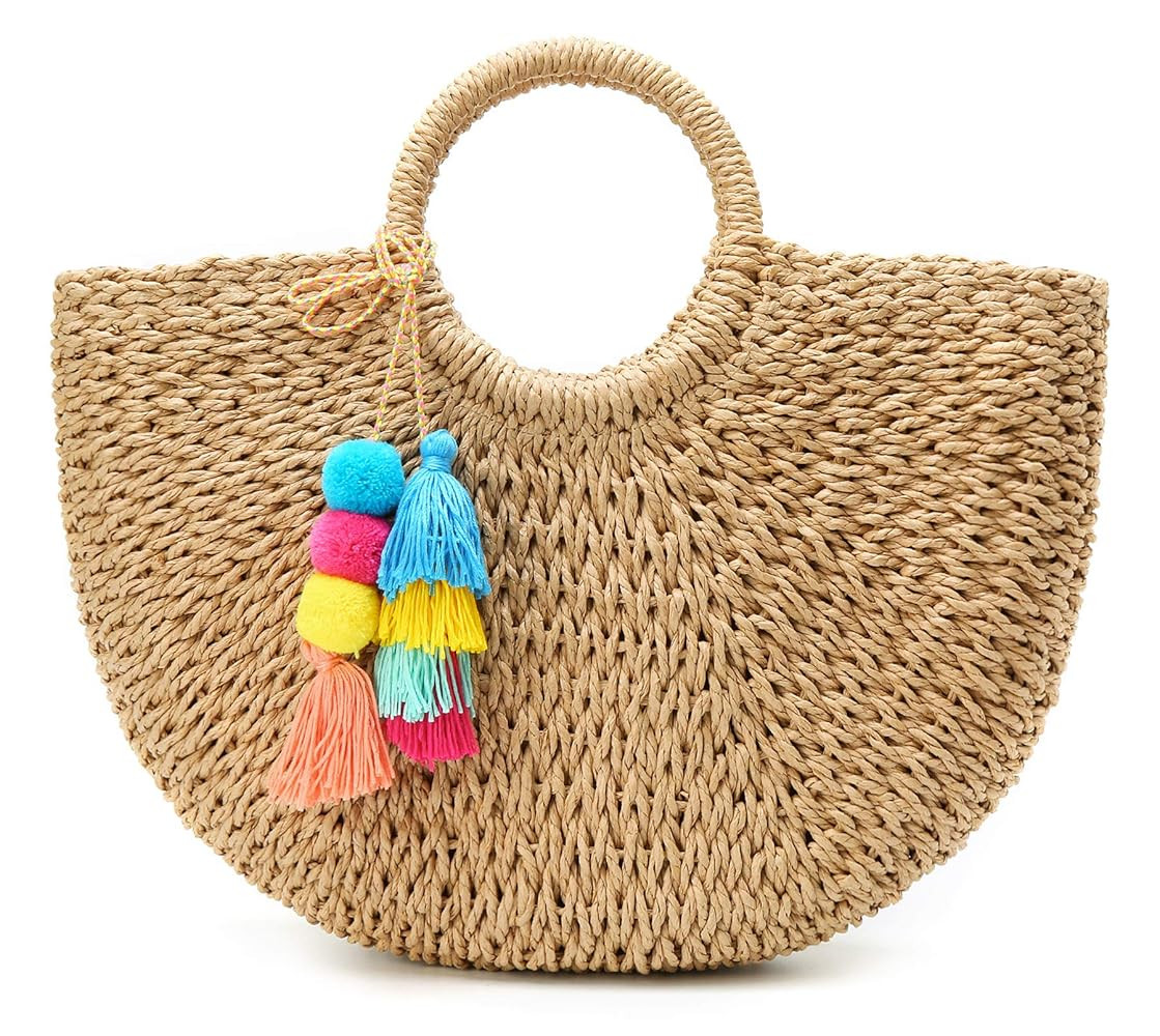 Epsion Womens Large Straw Beach Tote Bag Hobo Summer Handwoven Bags Purse wth Pom Poms | Amazon (US)