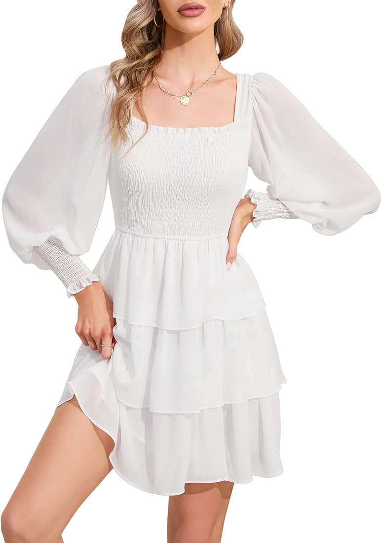 Byinns Women's Square Neck Ruffle Dress Long Sleeve Floral Print Tiered Tie Back Layered Swing Mi... | Amazon (US)