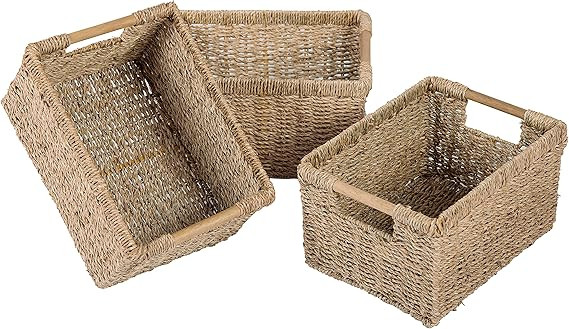 Natural Seagrass Basket with Wooden Handle, Medium Rectuangular Wicker Basket for Living Room 12.... | Amazon (US)