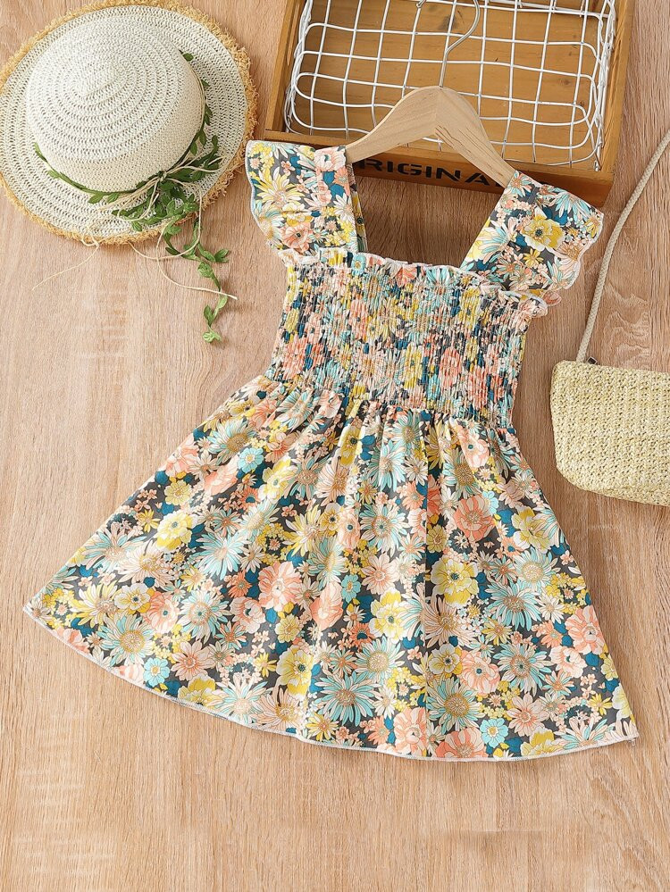 Toddler Girls Allover Floral Print Shirred Dress | SHEIN