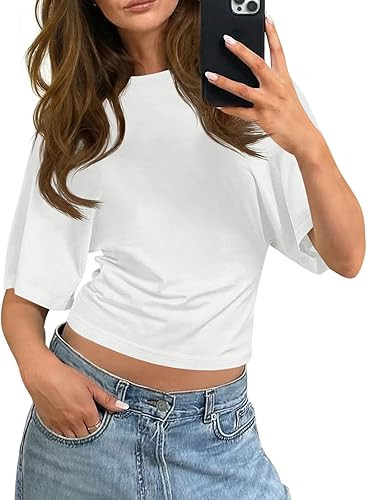 Tankaneo Womens Summer Short Sleeve Crop Tops Waisted Going Out Trendy Casual Loose Fit Basic Tee... | Amazon (US)