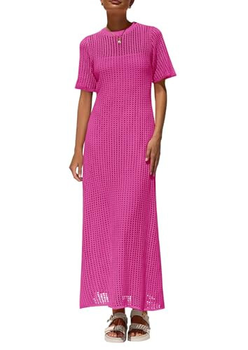 PRETTYGARDEN Womens Eyelet Cover Up Dress 2026 Summer Vacation Resort Maxi Dresses Beach Short Sleeve Hollow Out Sundress (Rose Red,Small) | Amazon (US)