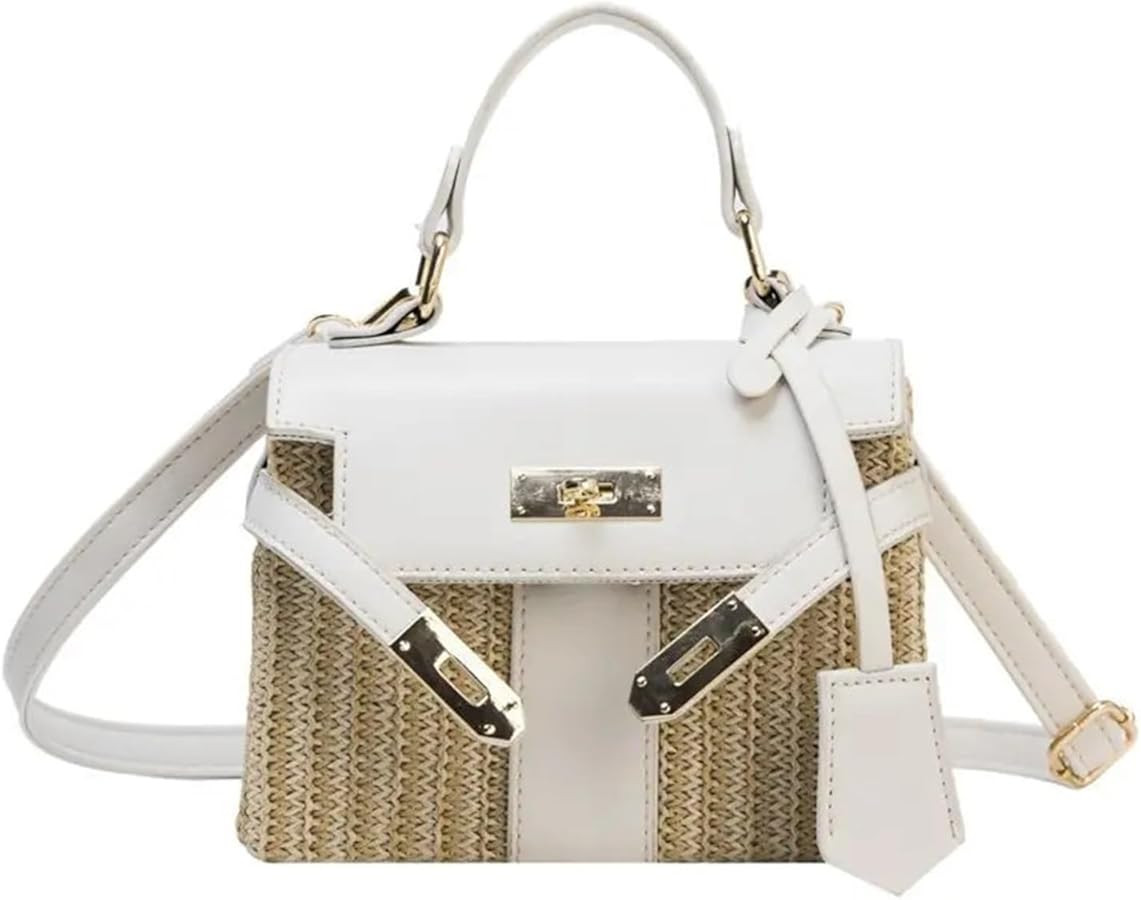 Women Handbags Wicker Woven Shoulder Crossbody Bags Lock Pu Beach Rattan Small Flap | Amazon (US)