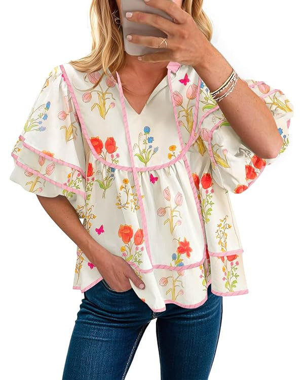 Cicy Bell Womens Summer Floral Babydoll Tops V Neck Short Lantern Sleeve Shirts Cute Loose Fit Fl... | Amazon (CA)