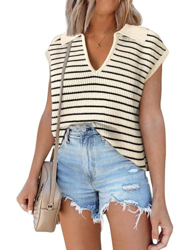 Famulily Sweater Vest Cap Sleeve Polo Neck Striped Summer Ribbed Tank Casual Loose Fitted V-Neck Sweater Vest Beige XL | Amazon (CA)