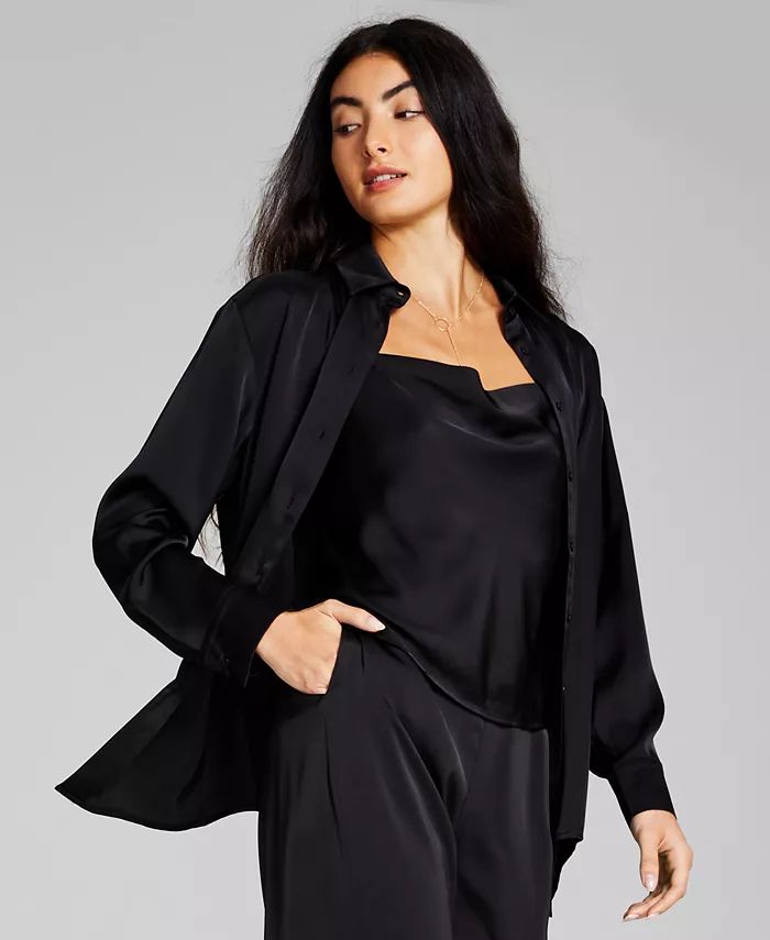 Women's Oversized Satin Collared Long-Sleeve Shirt | Macy's