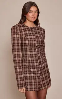 Brown Check Shoulder Pad Blazer Dress | PrettyLittleThing UK