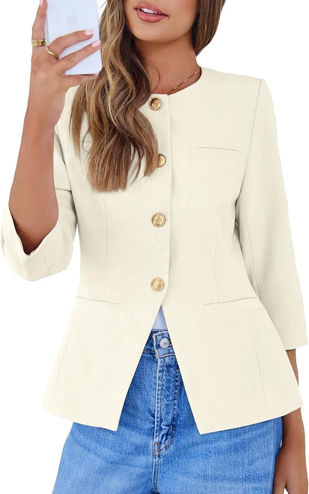 Simplee Womens Business Casual Blazers Spring Fashion Collarless Button Down 3/4 Sleeve Dressy Bl... | Amazon (US)