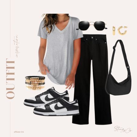 This is my new favorite v-neck tee and it comes in a bunch of colors. I’ve paired it with black jeans, black and white Nike sneakers, a black bag, wire rimmed sunglasses, gold huggie earrings, and a bracelet stack.

Ootd, casual sneakers, casual outfit, summer outfit, spring outfit, tall friendly outfit, amazon fashion

#LTKfindsunder50 #LTKshoecrush #LTKstyletip