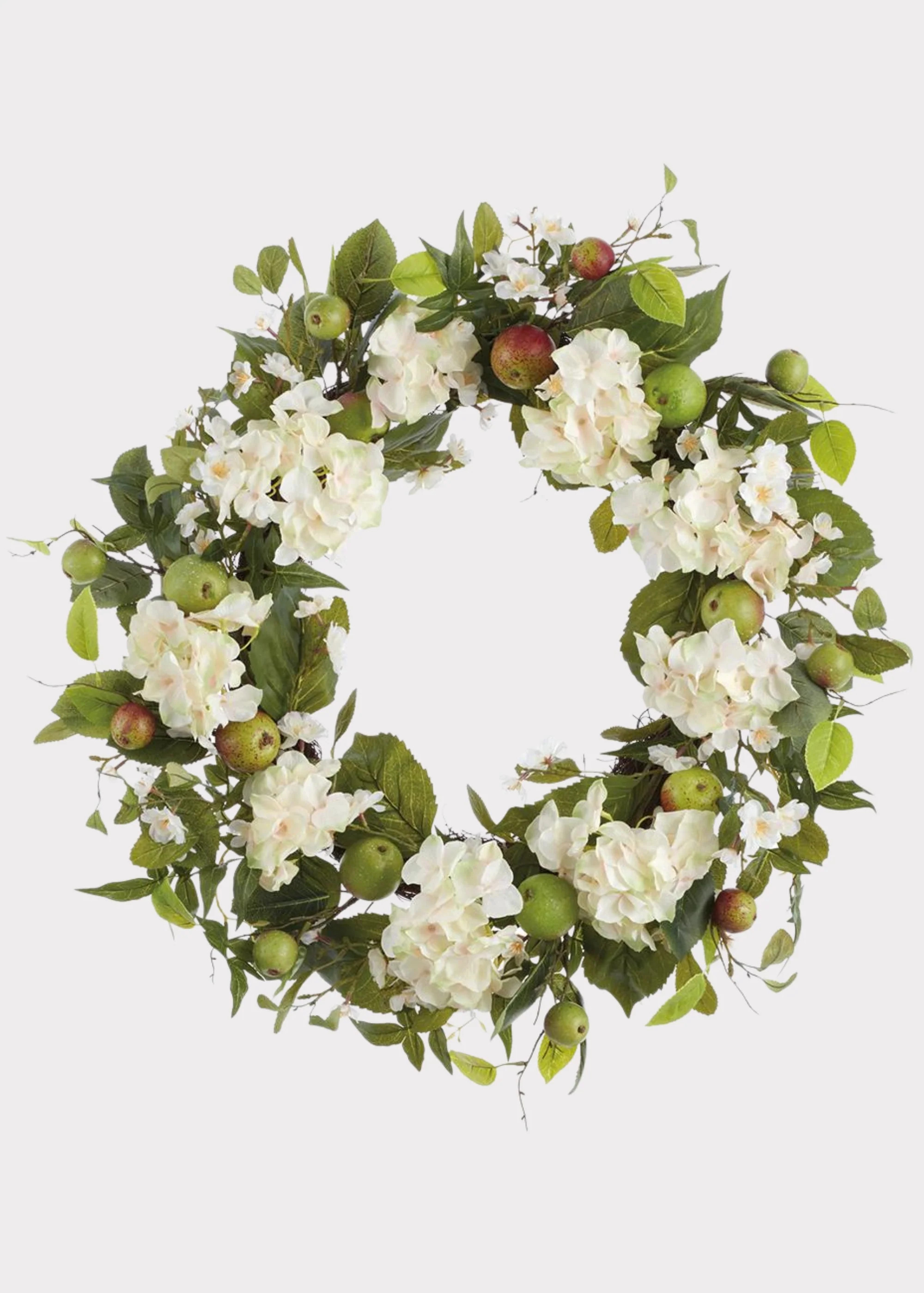 White Artificial Hydrangea and Apple Spring Wreath - 30" | Afloral