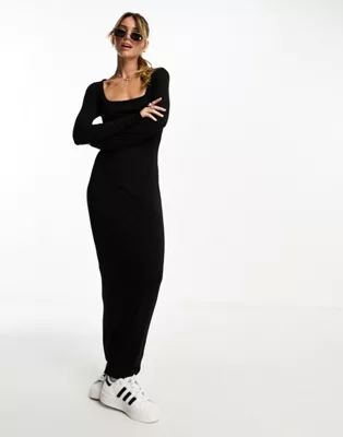 Miss Selfridge super soft square neck long sleeve maxi dress in black | ASOS (Global)