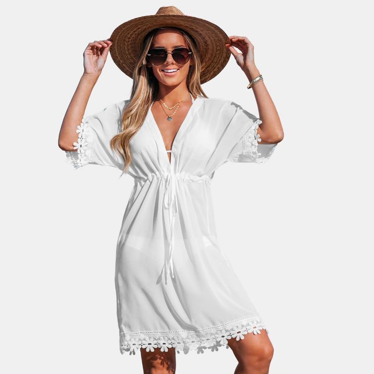 Women's Floral Lace Trim Drawstring Cover-Up Dress - Cupshe | Target