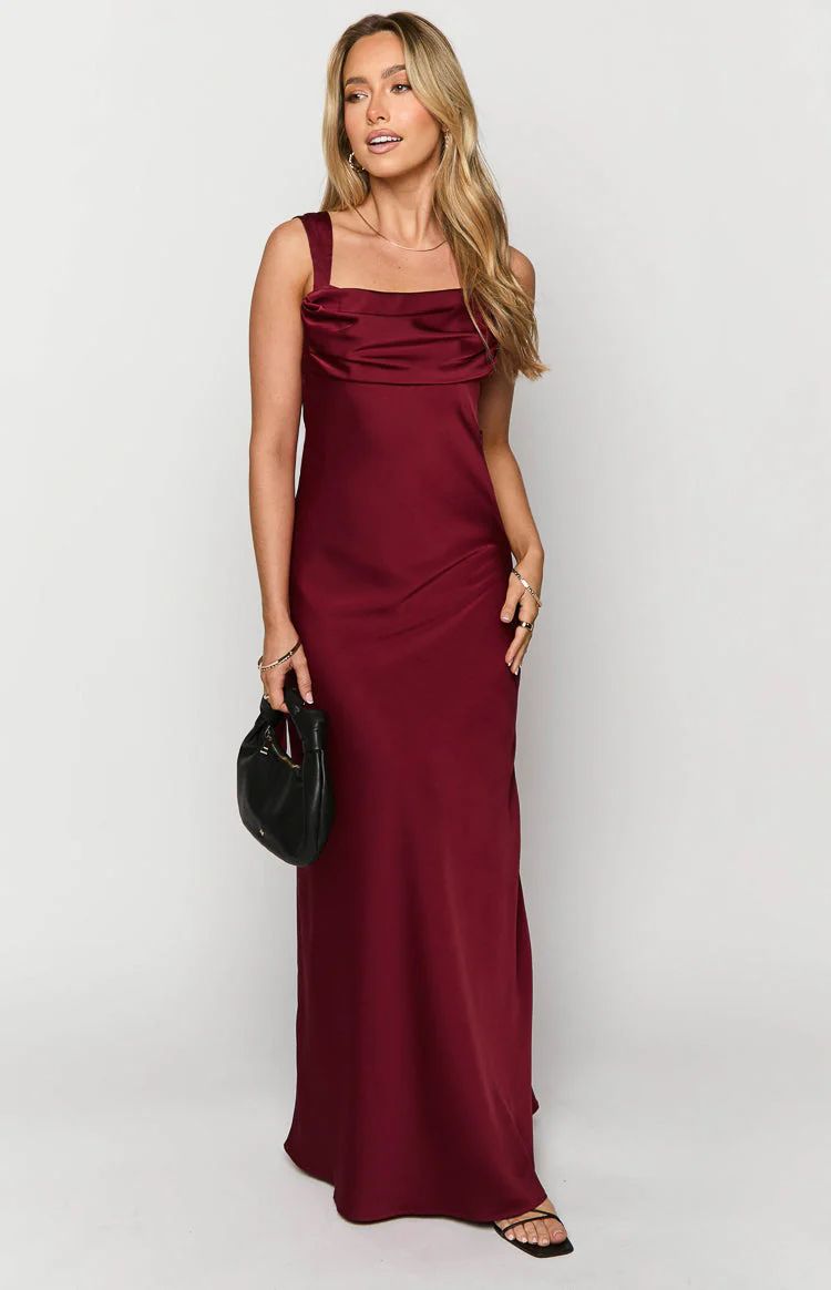 Laria Wine Satin Formal Maxi Dress | Beginning Boutique (US)