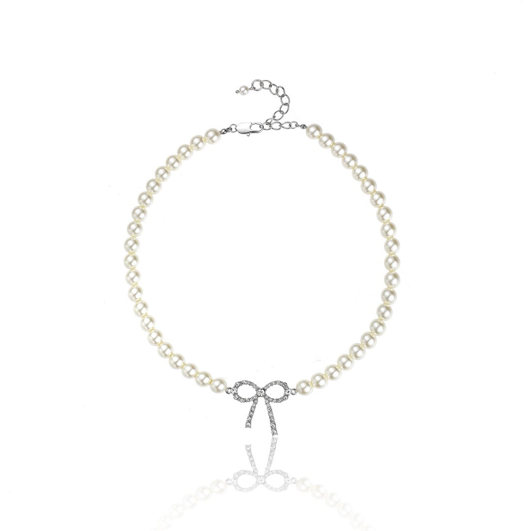 Glass Pearl Necklace, Plated Rhodium on Mental, Small Shiny Crystals, Bow, Feminine Style, Women ... | Etsy (US)