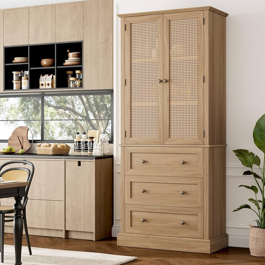 73" Tall Kitchen Pantry, Rattan Doors Pantry Cabinet with 3 Drawers and Adjustable Shelf, Large W... | Amazon (US)