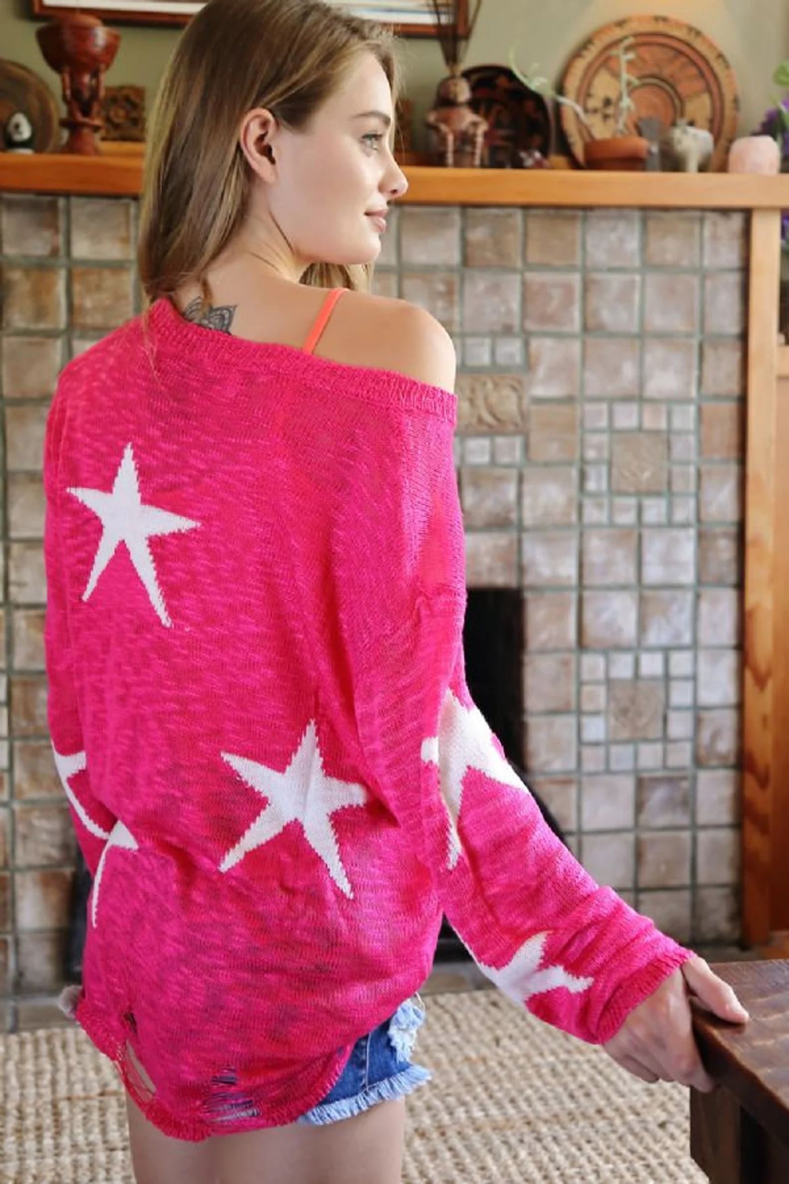 S-L Fuchsia Star Print Lightweight Sweater for Women | Etsy (US)